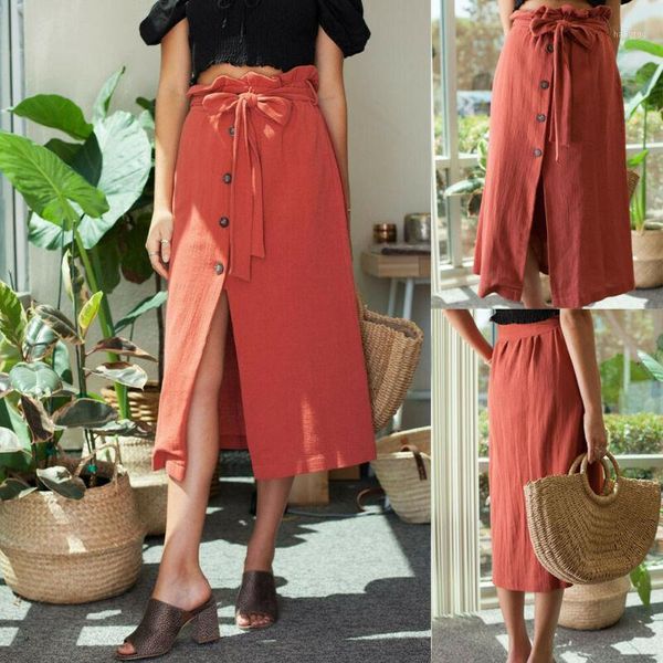 women fashion womens button straight solid midi skirt high waist front split button decro bowknot skirt1, Black