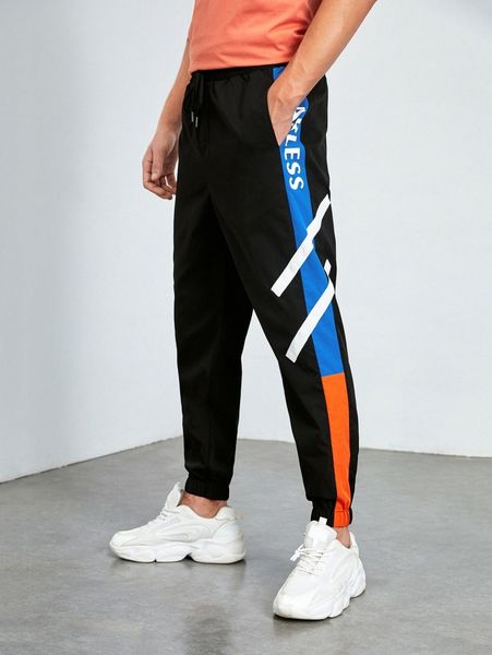 men letter graphic side stripe pants 599l#, Black