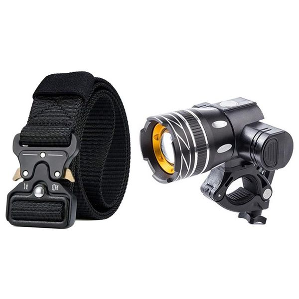 1 set bicycle t6 led light bike light front lamp & 1 pcs men's belt heavy belt, buckle belt, Black;gray