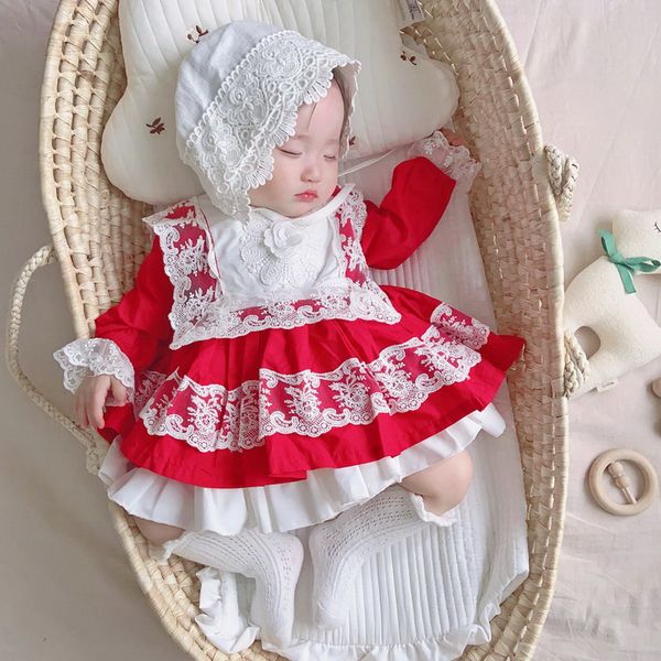 wholesale 2021 new spring baby girl dress long puff sleeves lace lolita style red dress kids girl clothes e157, Red;yellow
wholesale 2021 new spring baby girl dress long puff sleeves lace lolita style red dress kids girl clothes e157, Red;yellow