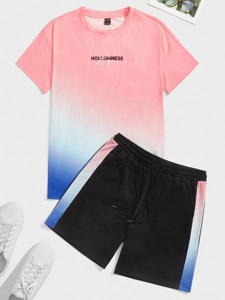 men ombre drop shoulder tee & drawstring track shorts set t2zn#, Gray