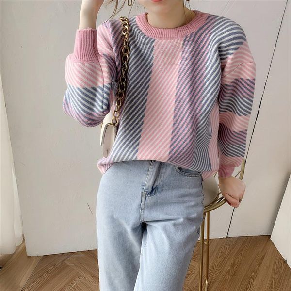 women's sweaters plush loose knitted sweater women patchwork striped pullover korean long sleeve crew neck vintage winter clothes 2021, White;black
women's sweaters plush loose knitted sweater women patchwork striped pullover korean long sleeve crew neck vintage winter clothes 2021, White;black