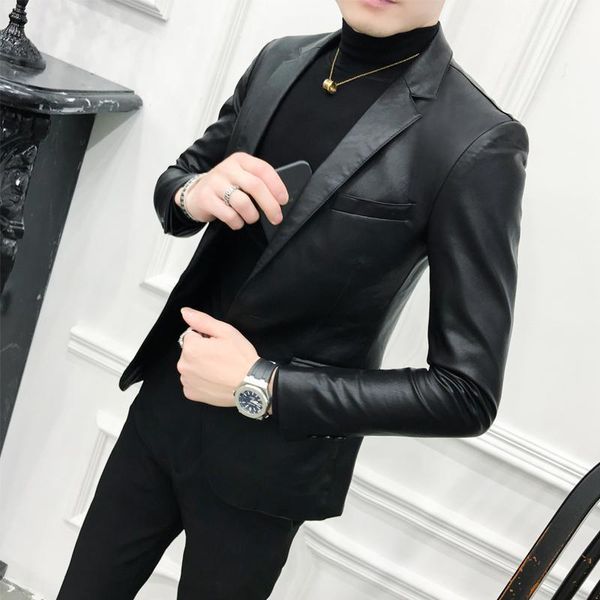 solid black slim fit blazer hombre pu leather jacket men one button business casual prom blazers for men korean suit coat1, White;black
solid black slim fit blazer hombre pu leather jacket men one button business casual prom blazers for men korean suit coat1, White;black