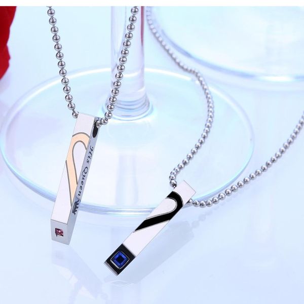 love necklace inlaid titanium steel couple her king his queen, Silver 
love necklace inlaid titanium steel couple her king his queen, Silver