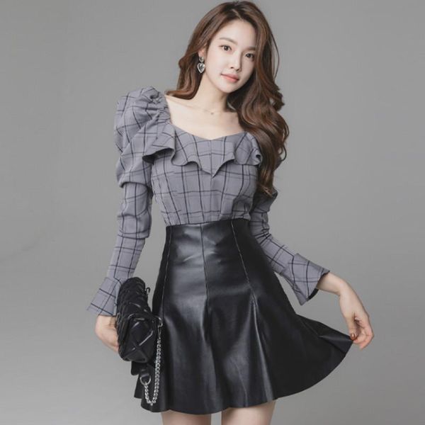 ladies puff flare sleeve plaid ruffles cute shirt high waisted a-line black mini pu skirt suits women club dress, Gray
ladies puff flare sleeve plaid ruffles cute shirt high waisted a-line black mini pu skirt suits women club dress, Gray