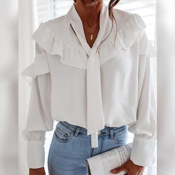 autumn white ruffle lace up collar women's blouse long sleeve v-neck female blouses solid simple new casual loose ladies clothes
autumn white ruffle lace up collar women's blouse long sleeve v-neck female blouses solid simple new casual loose ladies clothes