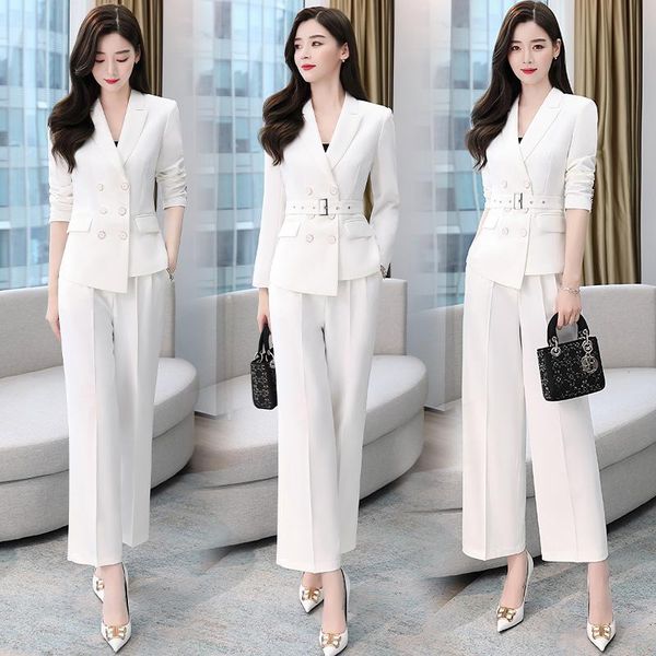 women's two piece pants fashion solid women blazer suits long sleeve double breasted set 2021 spring office two-piece pant suit belt, White
women's two piece pants fashion solid women blazer suits long sleeve double breasted set 2021 spring office two-piece pant suit belt, White