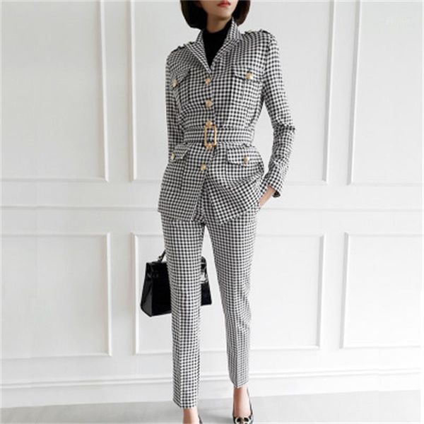 fashion pants suit women's new temperament single-breasted plaid casual business blazer + pants business two-piece set women1, White;black 
fashion pants suit women's new temperament single-breasted plaid casual business blazer + pants business two-piece set women1, White;black