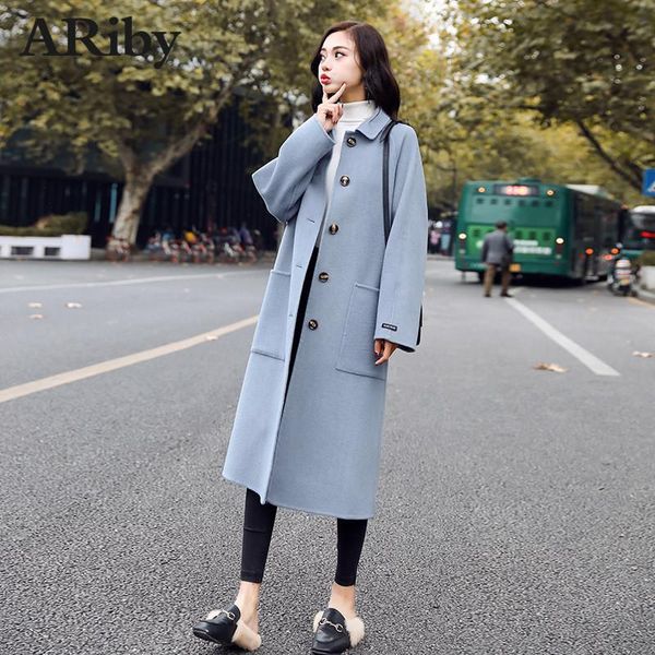 women's wool & blends ariby 2021 autumn women woolen coat turn down collar breasted long warm, Black