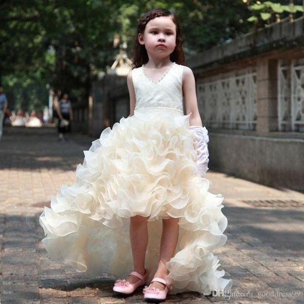custom cute champagne hi-lo flower girl dresses v neck organza ruffles court train christmas gown for kids communion dress 2020, Red;yellow
custom cute champagne hi-lo flower girl dresses v neck organza ruffles court train christmas gown for kids communion dress 2020, Red;yellow