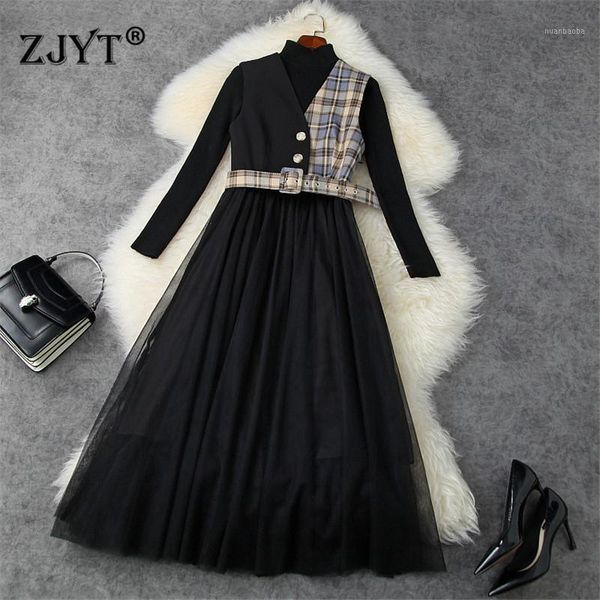 elegant designe autumn winter black knit sweater and mesh dress suit women vintage plaid patchwork party robe femme midi vestido1, Black;gray
elegant designe autumn winter black knit sweater and mesh dress suit women vintage plaid patchwork party robe femme midi vestido1, Black;gray