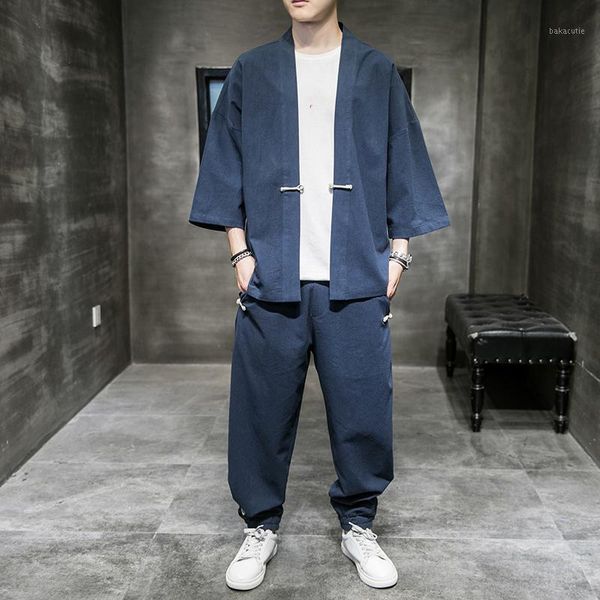men 2 pieces suits sets sunscreen kimono short sleeve cardigan shirt pant male chinese style vintage casual shirt trousers1, White;black
men 2 pieces suits sets sunscreen kimono short sleeve cardigan shirt pant male chinese style vintage casual shirt trousers1, White;black