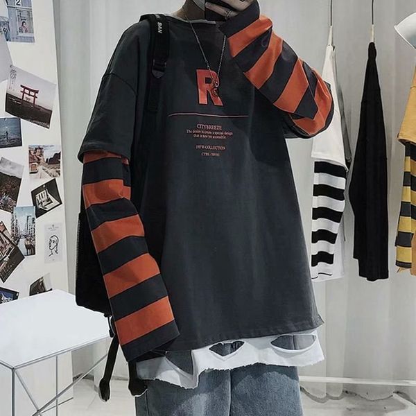 fake two-piece sweater men's trend stitching stripe long sleeve t-shirt loose casual cool base shirt simple cec top, White;black
fake two-piece sweater men's trend stitching stripe long sleeve t-shirt loose casual cool base shirt simple cec top, White;black