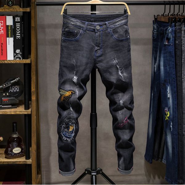 2d mens wear trend three-dimensional embroidery wear micro-bullet black jeans european nostalgia mens pants, Blue
2d mens wear trend three-dimensional embroidery wear micro-bullet black jeans european nostalgia mens pants, Blue