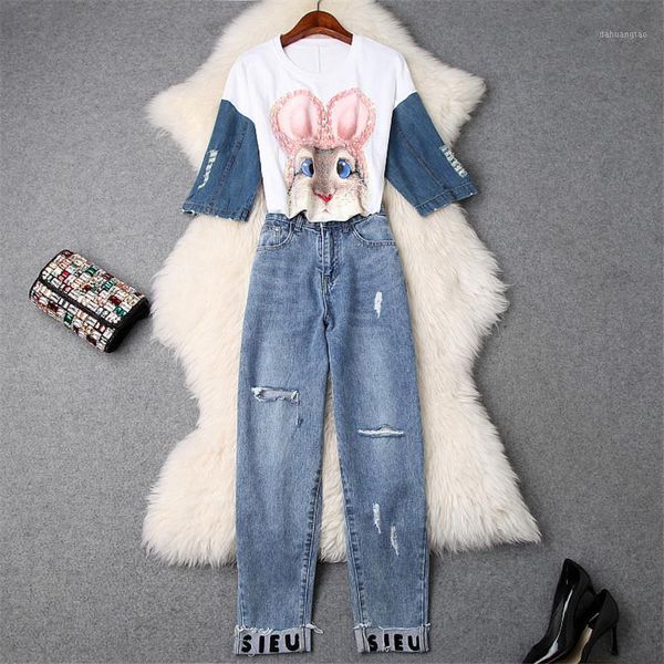 fashion designer runway suit set 2019 summer women half sleeve sequined cartoon loose t shirt+hole jeans pants casual 2pcs set1, White
fashion designer runway suit set 2019 summer women half sleeve sequined cartoon loose t shirt+hole jeans pants casual 2pcs set1, White