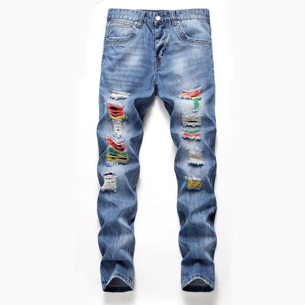 men's jeans 2d light-coloured ripped european station personality colorful trousers autumn and winter, Blue
men's jeans 2d light-coloured ripped european station personality colorful trousers autumn and winter, Blue