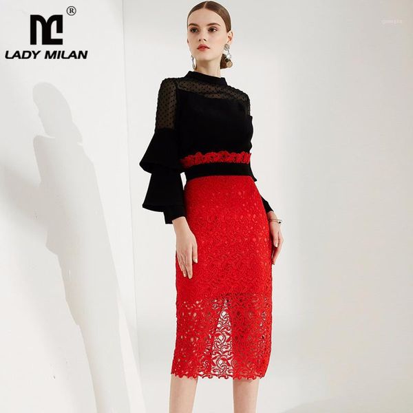 2020 autumn women's runway twinsets o neck long ruffles flare sleeves blouse with embroidery lace skirts fashion two piece sets1, Gray
2020 autumn women's runway twinsets o neck long ruffles flare sleeves blouse with embroidery lace skirts fashion two piece sets1, Gray