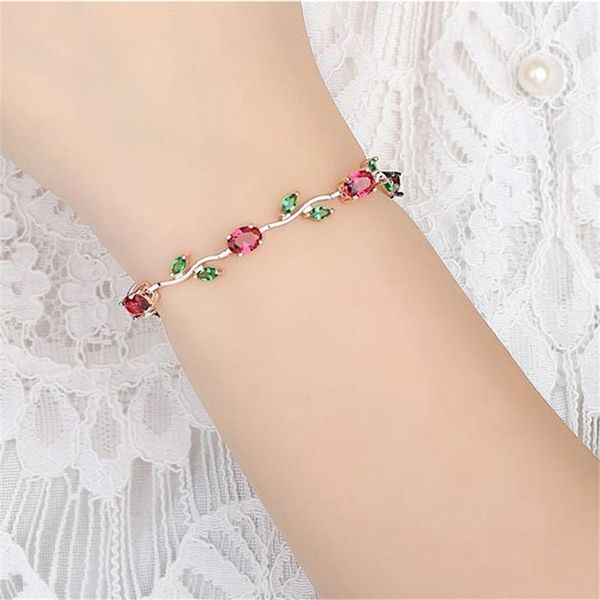 rose leaf chain & link bracelet with red + green zircon for mother gifts jewelry, Black
rose leaf chain & link bracelet with red + green zircon for mother gifts jewelry, Black