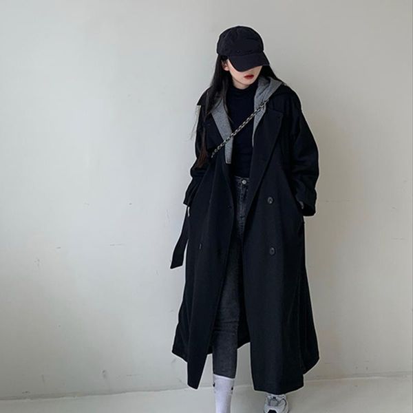 women's trench coats double-breasted coat classic lapel overcoat loose sweatshirt pathcwork outerwear with hoodie, Tan;black
women's trench coats double-breasted coat classic lapel overcoat loose sweatshirt pathcwork outerwear with hoodie, Tan;black