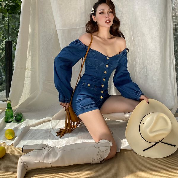 2021 new vintage trend denim single-breasted women's overalls long elastic thin bodysuit sleeve off the shoulder aiab, Black;white
2021 new vintage trend denim single-breasted women's overalls long elastic thin bodysuit sleeve off the shoulder aiab, Black;white