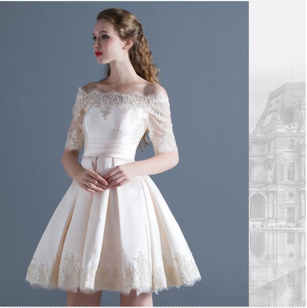 Short Wedding Dress Boat Neck Satin Lace Half Sleeve Simple Wedding Gown Cheap Vestido De Noiva Vintage Sexy Wedding Gown
Short Wedding Dress Boat Neck Satin Lace Half Sleeve Simple Wedding Gown Cheap Vestido De Noiva Vintage Sexy Wedding Gown