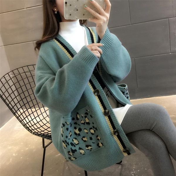 women's knits & tees autumn and winter style loose lazy v-neck leopard knitted cardigan medium length versatile sweater coat, White
women's knits & tees autumn and winter style loose lazy v-neck leopard knitted cardigan medium length versatile sweater coat, White