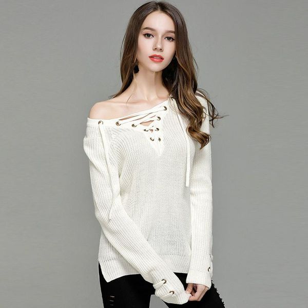 women's sweaters girls fashion spring v-neck long sleeve lace up white pullover women thin knitwear autumn ladies knitted large size, White;black
women's sweaters girls fashion spring v-neck long sleeve lace up white pullover women thin knitwear autumn ladies knitted large size, White;black