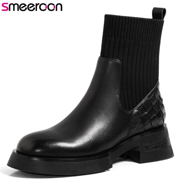 smeeroon 2021 genuine leather shoes women knitting stretch boots round toe autumn winter low heel ankle boots women, Black
smeeroon 2021 genuine leather shoes women knitting stretch boots round toe autumn winter low heel ankle boots women, Black