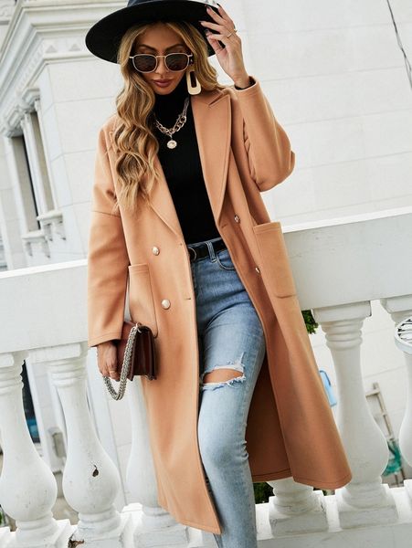 lapel neck drop shoulder double breasted overcoat q5hj#, Black