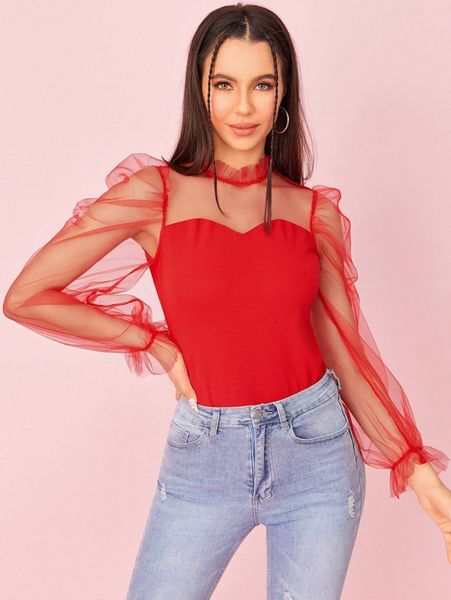 frill neck sheer mesh puff sleeve b4qi#, White
frill neck sheer mesh puff sleeve b4qi#, White