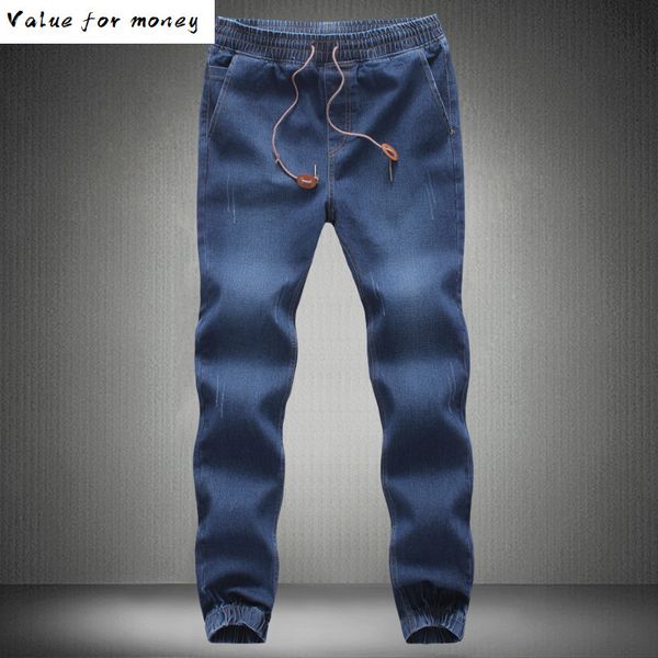 quanlity high fashion men elastic waist denim jeans ankle banded pants mens drawstring stretch leg harem pants plus size - 5xl q0105, Black;white 
quanlity high fashion men elastic waist denim jeans ankle banded pants mens drawstring stretch leg harem pants plus size - 5xl q0105, Black;white