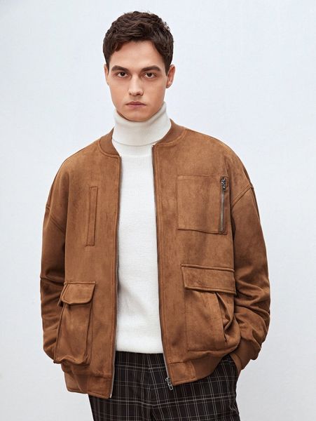 men drop shoulder flap pocket suede bomber jacket l9uo#, Black;brown