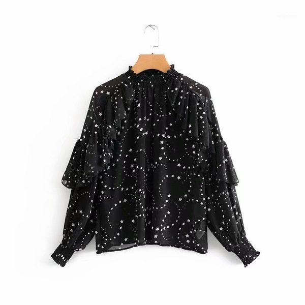 women's blouses & shirts women stand collar stars print casual chiffon blouse cascading ruffles sleeve blusas chic chemise ls60651, White
women's blouses & shirts women stand collar stars print casual chiffon blouse cascading ruffles sleeve blusas chic chemise ls60651, White