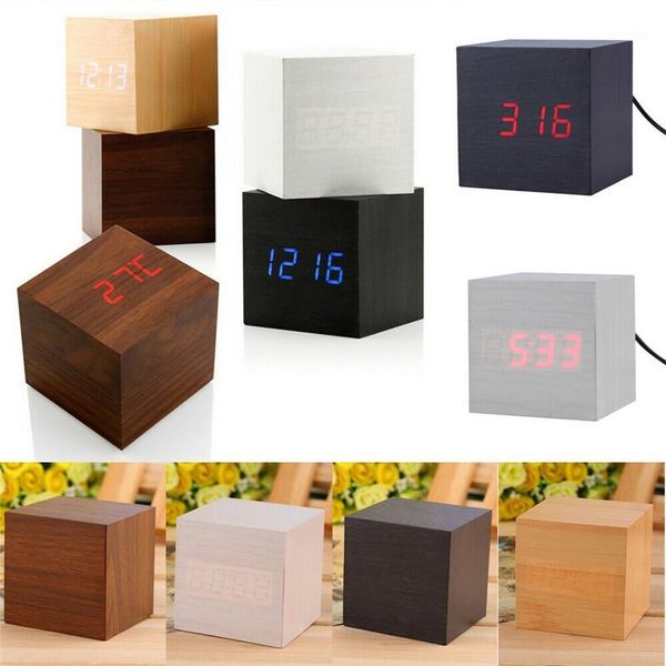 electronic digital wood led alarm clock sounds control temperature desk decor1