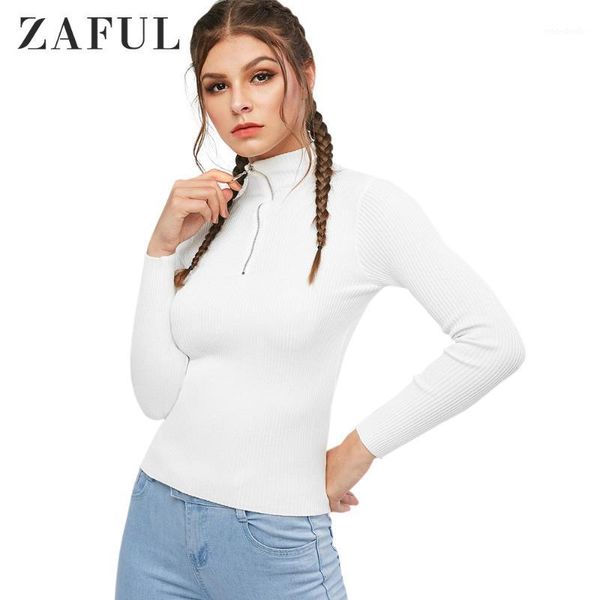 

zaful ribbed zip front mock neck sweater for women mock neck slim pullovers solid color long sleeve autumn 20191, White;black