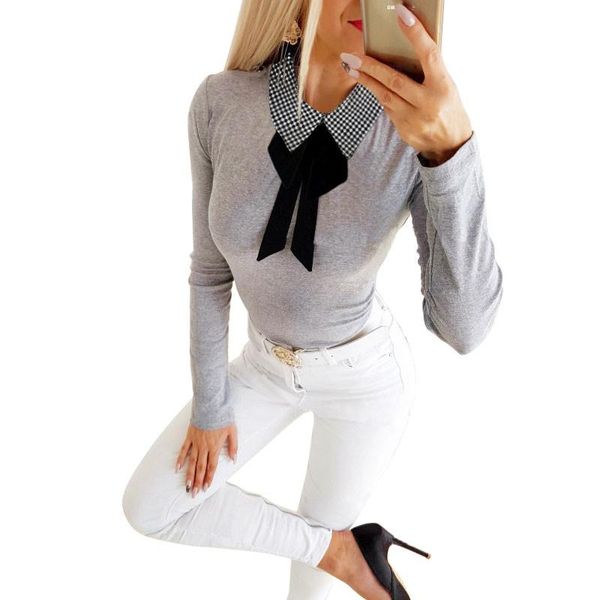 women's blouses & shirts ladies' casual fashion long sleeves pullover female bowknot plaid turn-down collar autumn wear women jump, White
women's blouses & shirts ladies' casual fashion long sleeves pullover female bowknot plaid turn-down collar autumn wear women jump, White