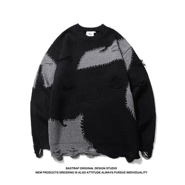 2020 men's pullover knitting patchwork ripped decor spring autumn sweater o-neck fashion personality vintage male clothes, White;black
2020 men's pullover knitting patchwork ripped decor spring autumn sweater o-neck fashion personality vintage male clothes, White;black