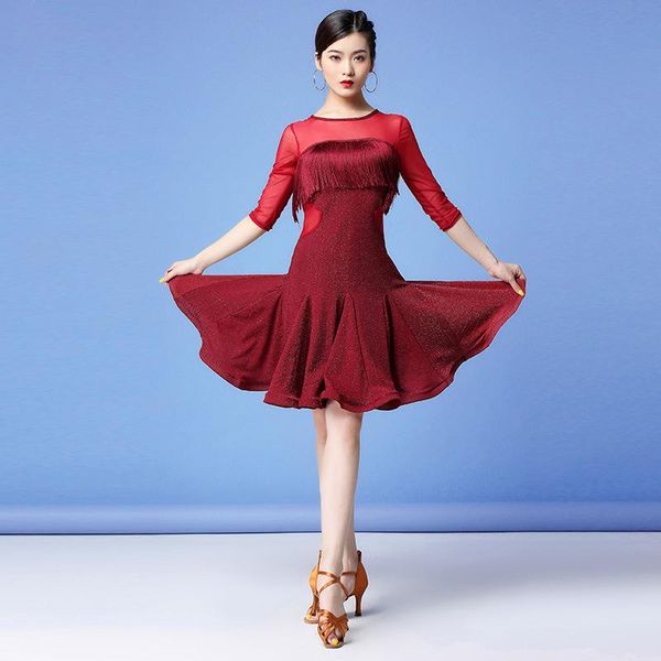 stage wear women dance clothes salsa samba front fringes half sleeves spandex mesh one-piece latin dresses, Black;red
stage wear women dance clothes salsa samba front fringes half sleeves spandex mesh one-piece latin dresses, Black;red