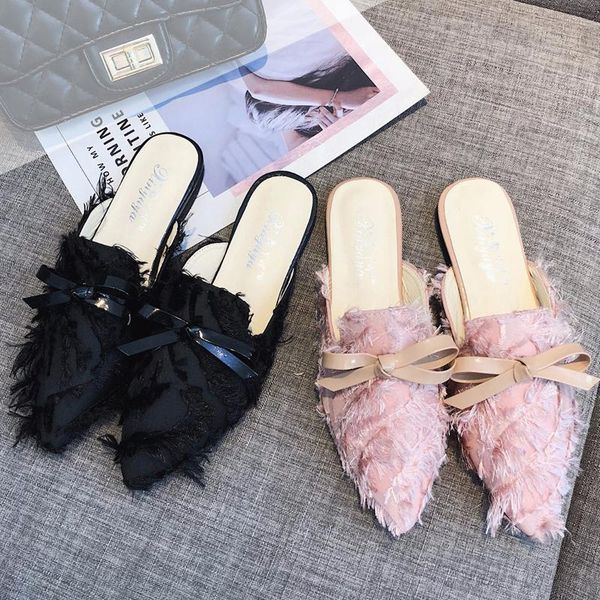 women house slippers mules flat shoes bow fur leather slippers casual pointe shallow half single shoes outside sandals, Black
women house slippers mules flat shoes bow fur leather slippers casual pointe shallow half single shoes outside sandals, Black