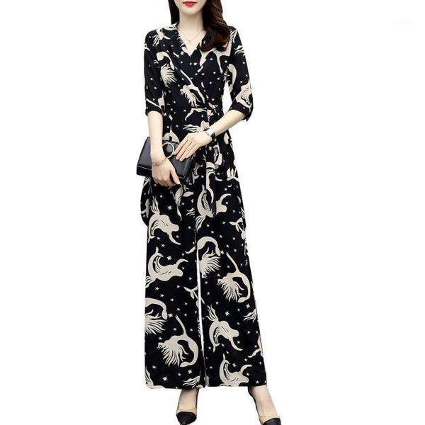 4xl women 2-piece set print blouse wide leg pants outfit fashion summer suit1, Gray