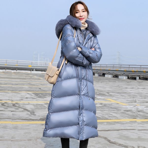 white duck feather thick coat, warm hoodie, long coat with fox skin in 2020