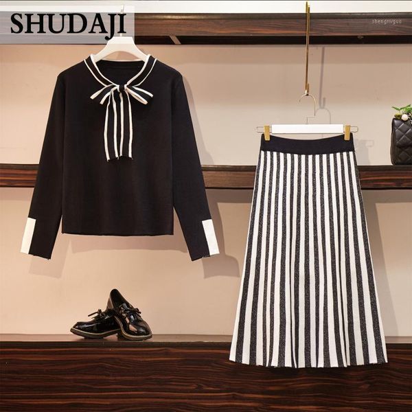 large size women's dress autumn winter long sleeve bow tie striped dress knitted sweater suit skirt two-piece suit drress1, White
large size women's dress autumn winter long sleeve bow tie striped dress knitted sweater suit skirt two-piece suit drress1, White