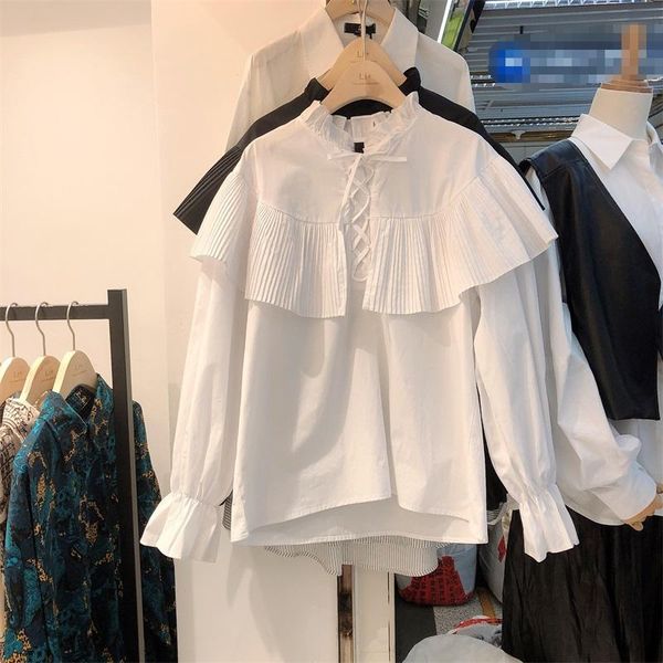 women's blouses & shirts superaen spring and autumn 2021 lace stand flare sleeve loose full shirt solid blouse women, White
women's blouses & shirts superaen spring and autumn 2021 lace stand flare sleeve loose full shirt solid blouse women, White