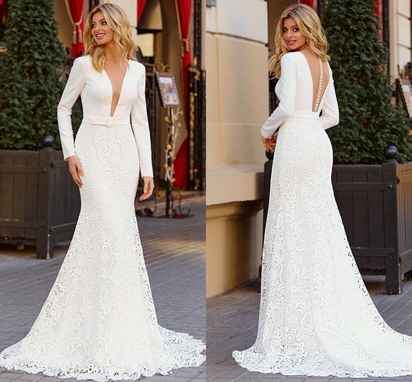 long sleeves mermaid wedding dresses 2021 v neck lace satin lace bridal dress custom made backless wedding gowns vestido de noiva, White
long sleeves mermaid wedding dresses 2021 v neck lace satin lace bridal dress custom made backless wedding gowns vestido de noiva, White