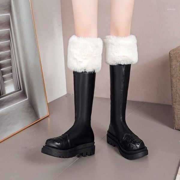 boots black fur knee high platform women shoes plush thigh winter warm chunky long femmes bottes1