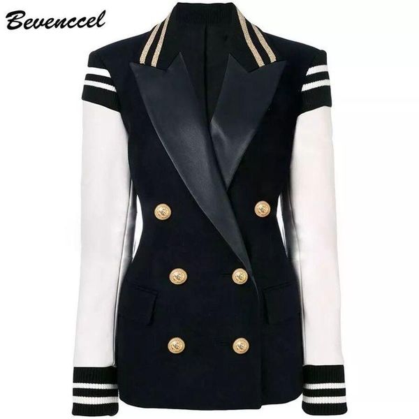 bevenccel 2020 designer blazer jacket women's leather patchwork double breasted blazer, White;black
bevenccel 2020 designer blazer jacket women's leather patchwork double breasted blazer, White;black