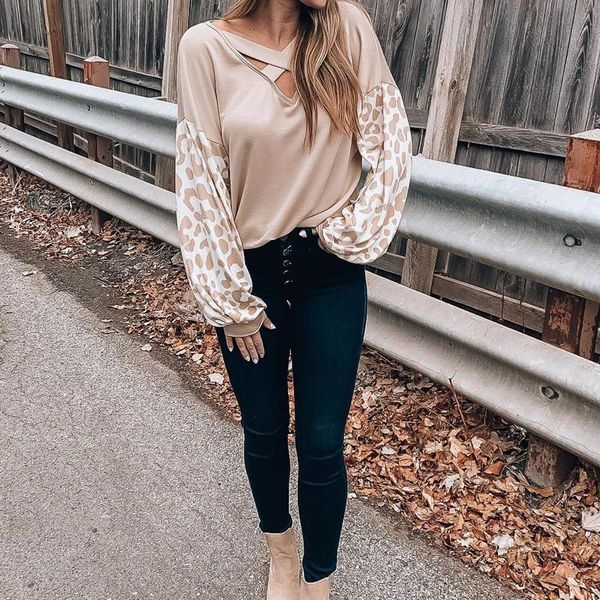 women v-neck cross leopard printed t-shirt casual long-sleeved loose blouse, White
women v-neck cross leopard printed t-shirt casual long-sleeved loose blouse, White