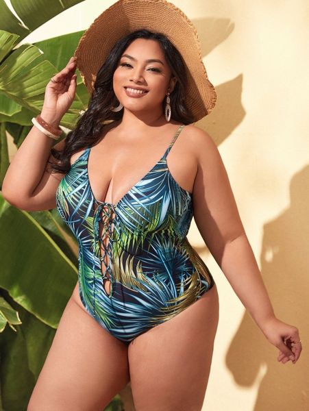 plus allover plant print lace up one piece swimsuit b1xx#, Black