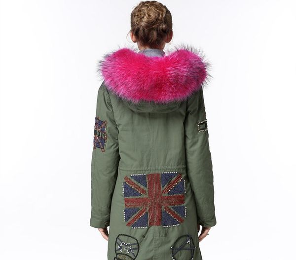 rose raccoon fur trim mukla furs brand rose rabbit fur liner army green jackets snow long parka with uk flag beading, Black
rose raccoon fur trim mukla furs brand rose rabbit fur liner army green jackets snow long parka with uk flag beading, Black