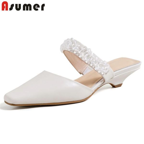 slippers asumer genuine leather shoes women slipper crystal square toe elegant party wedding summer, Black